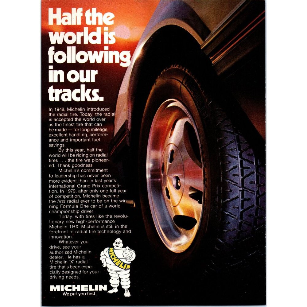1980 Michelin TRX Radial Tire Vintage Print Ad Mazda RX7 Man Bibendum Wall Art